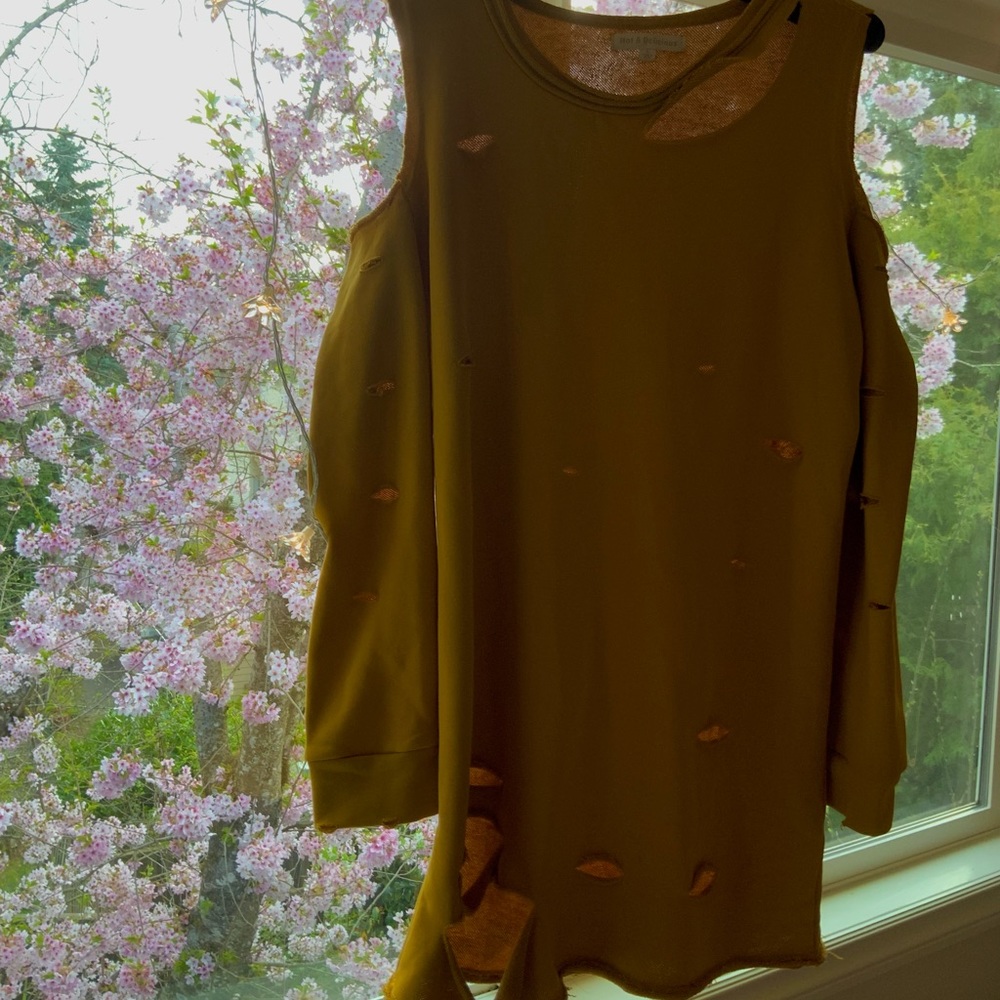 shoulder-less, grunge cutouts, mustard yellow, sweatshirt dress
